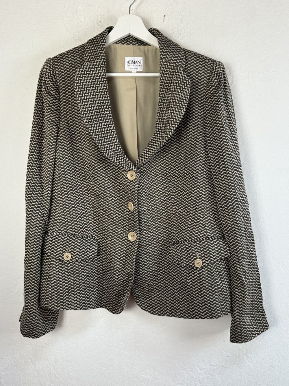 Armani Collezioni Womens Woven Blazer Size 14 Black Cream Silk Hemp Blend Italy